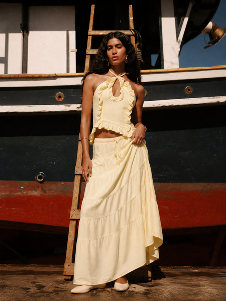 Aurore Halterneck Coord Skirt Set - full-length front shot, pale yellow - Miss Mosa By Akanksha