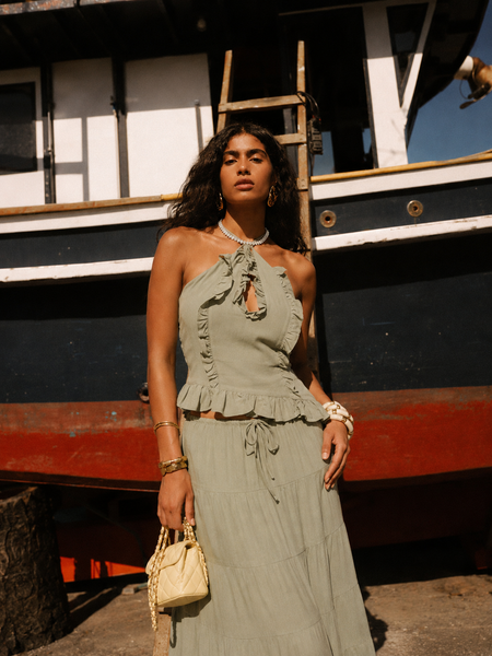 Aurore Halterneck Coord Skirt Set - front shot, sage green - Miss Mosa By Akanksha