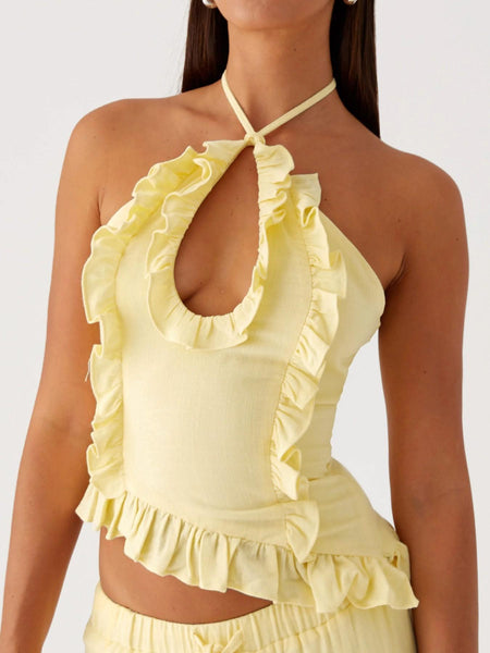 Aurore Halterneck Coord Skirt Set - close-up bodice shot, pale yellow - Miss Mosa By Akanksha