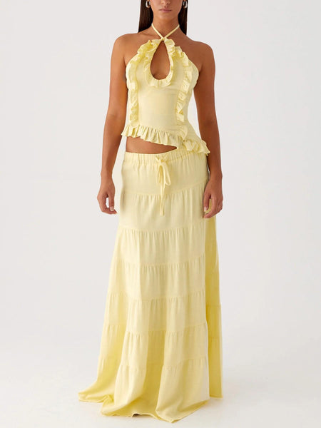 Aurore Halterneck Coord Skirt Set - full-length front shot, pale yellow - Miss Mosa By Akanksha