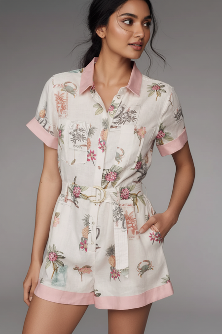 Austin Floral Summer Romper In White - front shot on model - Miss Mosa By Akanksha
