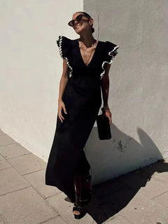 Austin Holiday Statement Maxi Dress - full-length shot on model, black - Miss Mosa By Akanksha