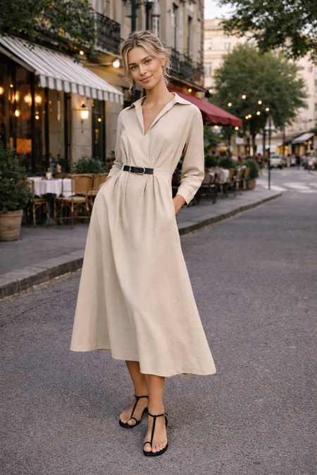 Aveline Statement Midi Dress - full-length shot, beige and cream - Miss Mosa By Akanksha
