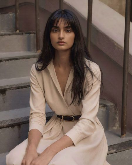 Aveline Statement Midi Dress - seated shot, cream - Miss Mosa By Akanksha