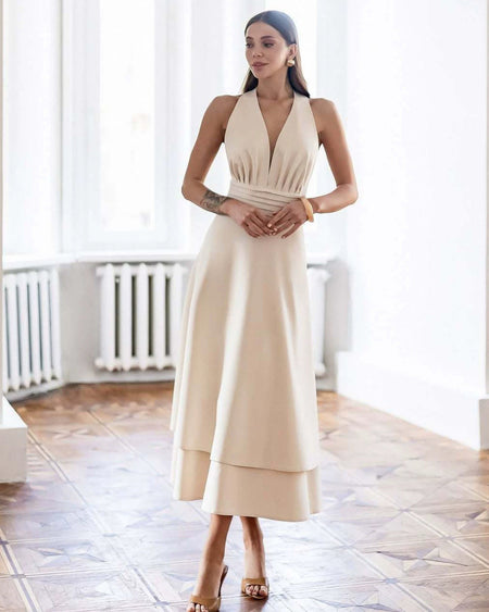 Aviva Halterneck Maxi Dress - full-length front shot, cream - Miss Mosa By Akanksha