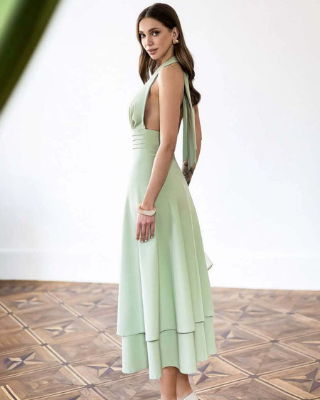 Aviva Halterneck Maxi Dress - side shot, sage green - Miss Mosa By Akanksha
