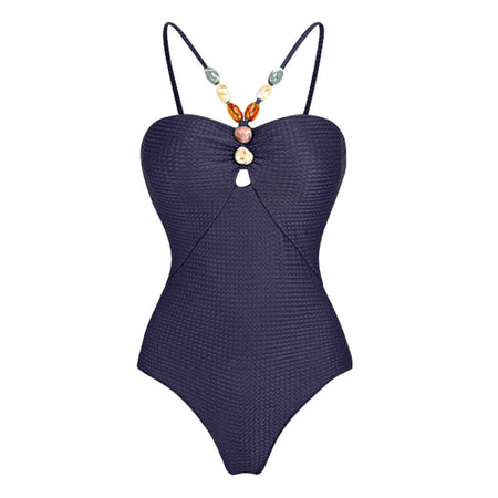 Axelle Printed Swimsuit With Coverup - flat-lay shot, navy and cream print - Miss Mosa By Akanksha