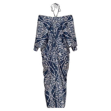 Axelle Printed Swimsuit With Coverup - front shot, navy and cream print - Miss Mosa By Akanksha