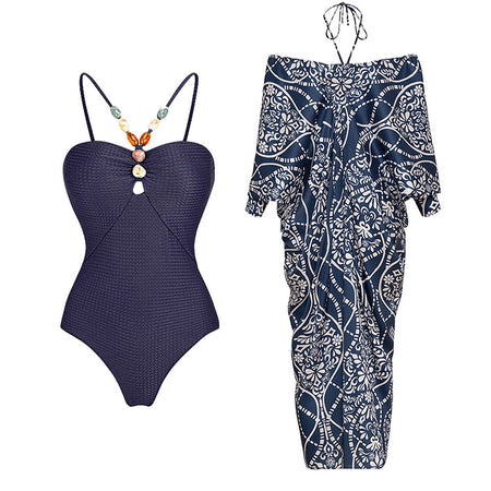 Axelle Printed Swimsuit With Coverup - flat-lay shot, navy and white print - Miss Mosa By Akanksha