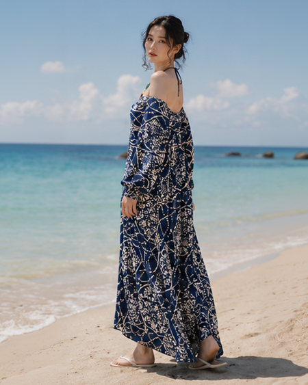 Axelle Printed Swimsuit With Coverup - three-quarter shot, navy and cream print - Miss Mosa By Akanksha