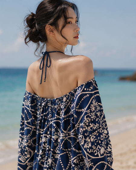 Axelle Printed Swimsuit With Coverup - back shot, navy and cream print - Miss Mosa By Akanksha