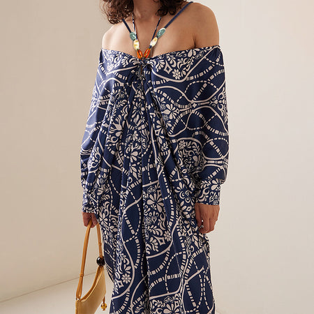 Axelle Printed Swimsuit With Coverup - front shot, navy blue - Miss Mosa By Akanksha