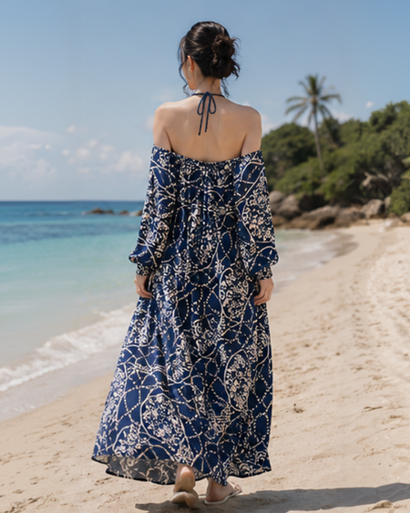 Axelle Printed Swimsuit With Coverup - flat-lay shot, navy blue - Miss Mosa By Akanksha