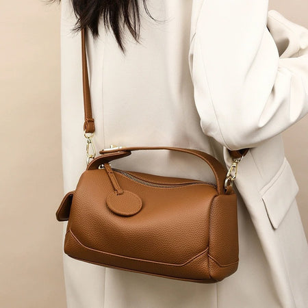 Ayla PU Hand Bag - side shot on model worn crossbody, tan brown - Miss Mosa By Akanksha
