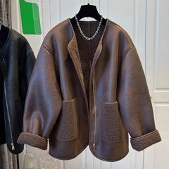 Aylin Faux Leather Fleece Lined Coat - product shot on hanger, brown - Miss Mosa By Akanksha