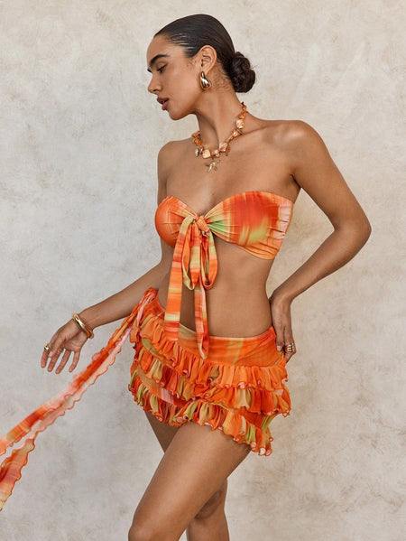 Azaa 2 Pcs Swimsuit With Ruffle Skirt - side shot on model, orange tie-dye print - Miss Mosa By Akanksha