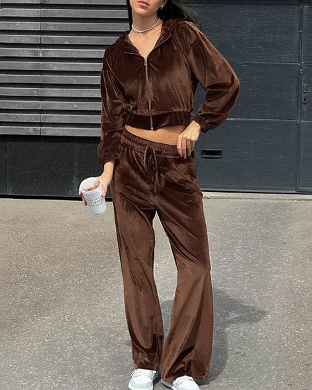 Azel Velvet Trackset - full-length shot on model, brown - Miss Mosa By Akanksha