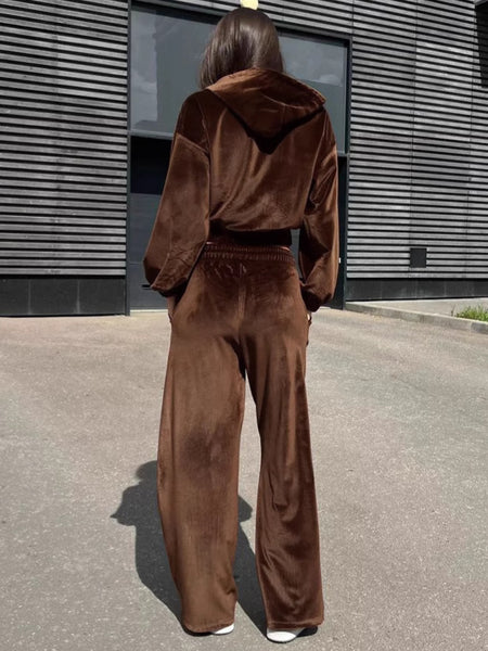 Azel Velvet Trackset - back shot on model, brown - Miss Mosa By Akanksha