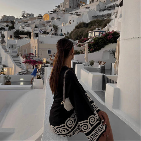 Azra Mini Printed Dress - back shot on model, black and off-white - Miss Mosa By Akanksha