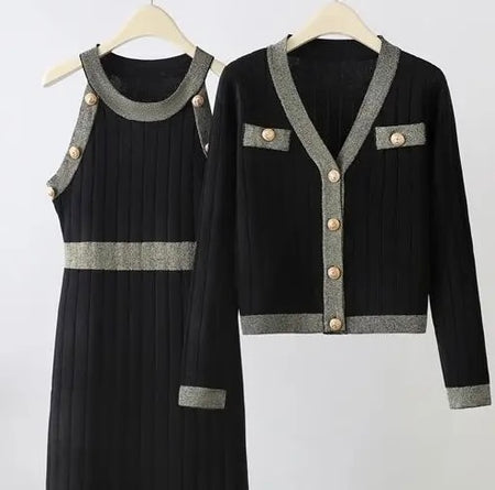 Azure Set of Dress and Cape In Black - flat-lay product shot of the dress and cardigan set - Miss Mosa By Akanksha