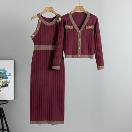 Azure Set of Dress and Cape In Maroon - flat-lay product shot of the dress and cardigan set - Miss Mosa By Akanksha