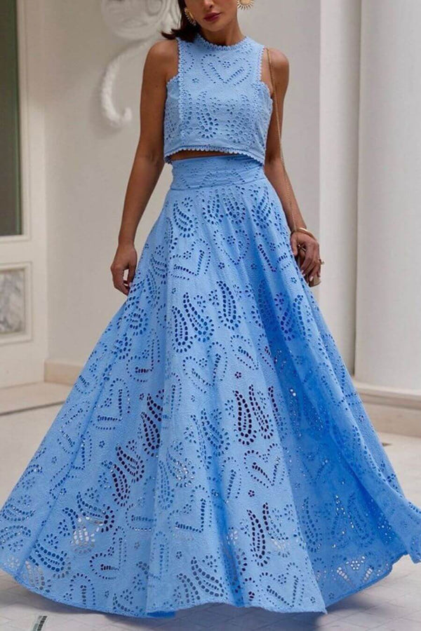 Celine Eyelet Summer Coord Set In Blue