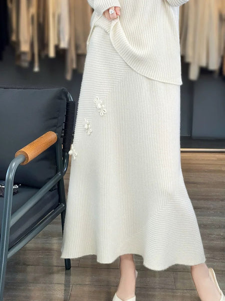 Amaya Winter Coord Set - Set of Sweater and Skirt In Beige