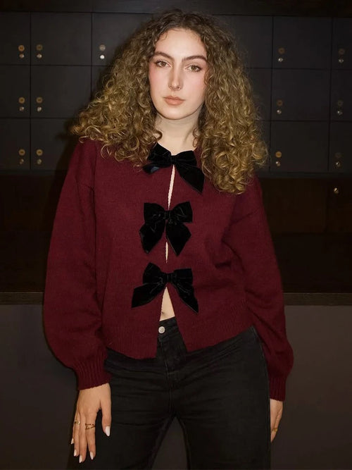 Topaz Bow Oversized Cardigan In Red