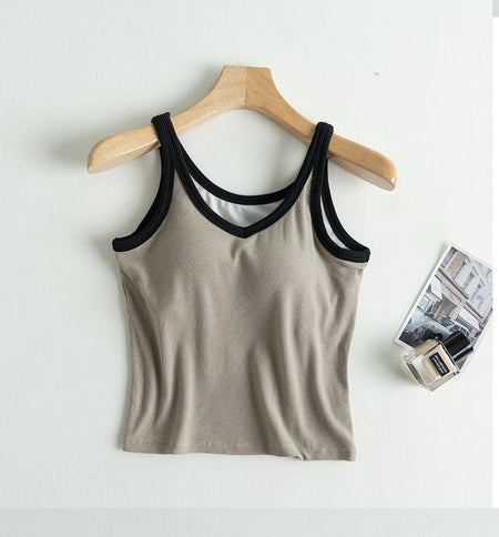 Bagatelle Tank Tops with Inbuilt Bra In Beige - front flat-lay product shot on hanger - Miss Mosa By Akanksha