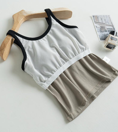Bagatelle Tank Tops with Inbuilt Bra In Beige - back flat-lay product shot showing mesh panel - Miss Mosa By Akanksha