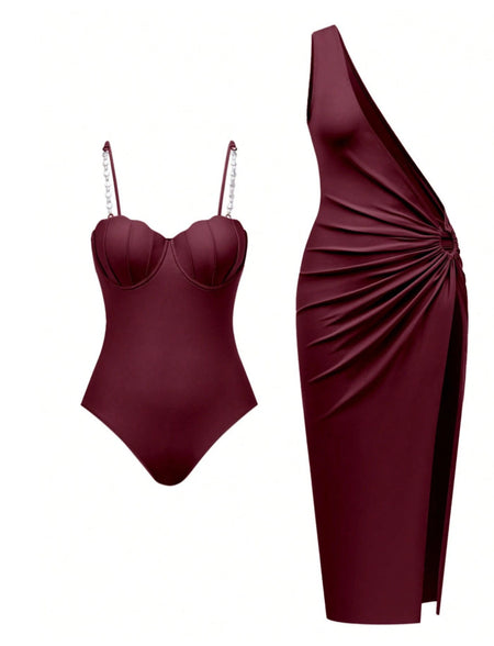 Bahia 1Pc Swimsuit With Coverup - flat-lay set shot, burgundy - Miss Mosa By Akanksha