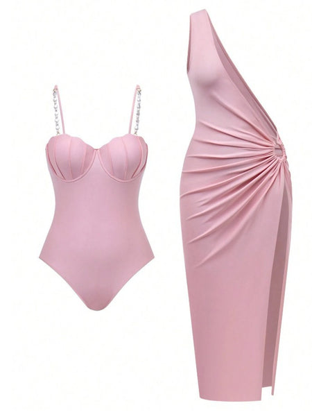 Bahia 1Pc Swimsuit With Coverup - flat-lay set shot, pink - Miss Mosa By Akanksha