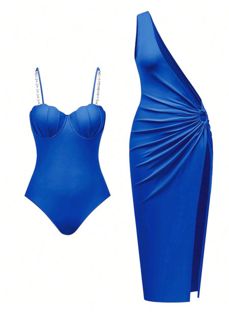 Bahia 1Pc Swimsuit With Coverup - flat-lay set shot, blue - Miss Mosa By Akanksha