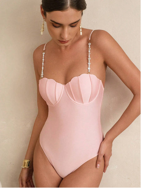 Bahia 1Pc Swimsuit With Coverup - front close-up shot, pink - Miss Mosa By Akanksha