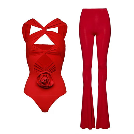 Baray Rosette Swimsuit with Pants in Red - flat-lay product shot, red - Miss Mosa By Akanksha