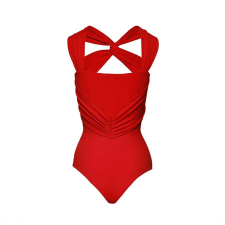 Baray Rosette Swimsuit with Pants in Red - flat-lay product shot, red - Miss Mosa By Akanksha