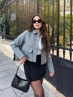 Barbella Premium Bomber Jacket - styling shot on model outdoors, grey - Miss Mosa By Akanksha