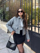 Barbella Premium Bomber Jacket - styling shot on model outdoors, grey - Miss Mosa By Akanksha