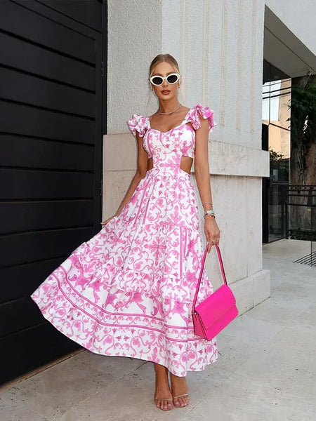 Barbera Vintage Summer Midi in Pink - full-length shot on model, pink - Miss Mosa By Akanksha