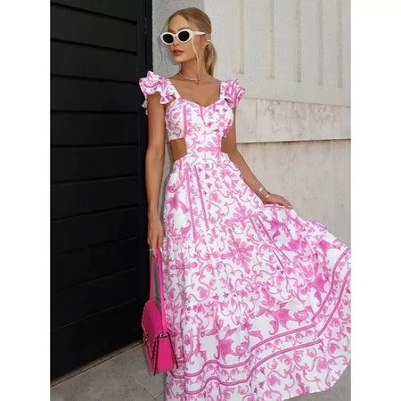 Barbera Vintage Summer Midi in Pink - full-length shot on model, pink - Miss Mosa By Akanksha