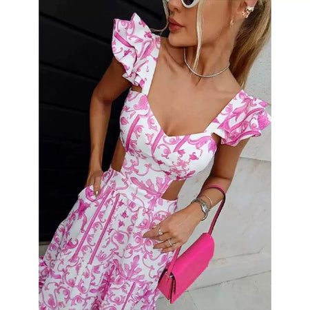 Barbera Vintage Summer Midi in Pink - close-up of bodice on model, pink - Miss Mosa By Akanksha