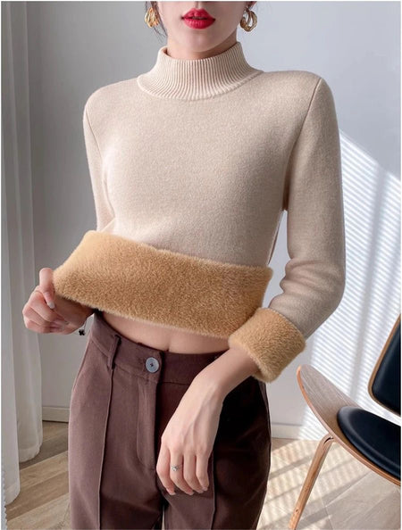Barisa Fleece Lined Premium Sweater - front shot on model, beige - Miss Mosa By Akanksha