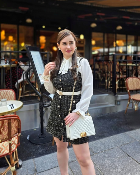 Barrow Tweed Dress - lifestyle shot on model, black - Miss Mosa By Akanksha