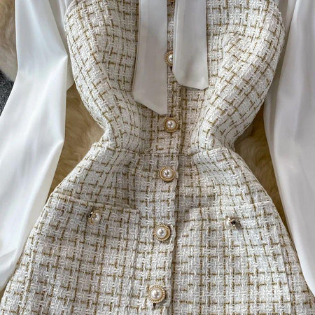 Barrow Tweed Dress - close-up of tweed bodice, cream - Miss Mosa By Akanksha