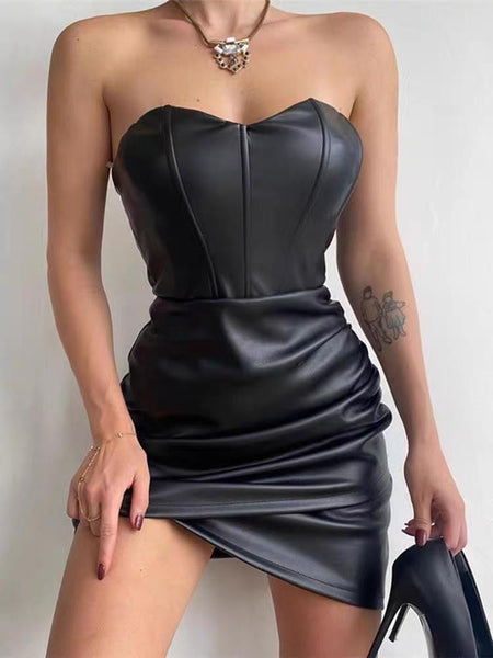 Barry Luxe PU Leather Dress in Black - front shot on model - Miss Mosa By Akanksha