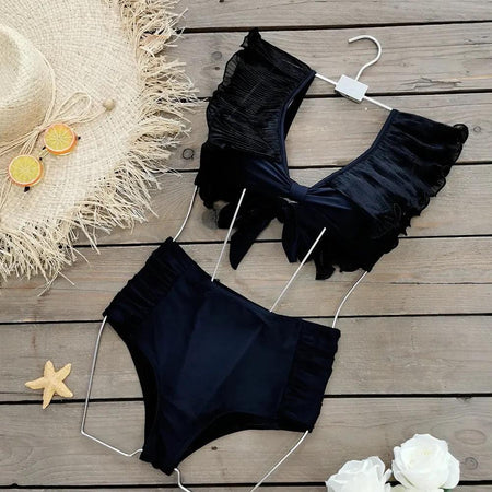 Bauble Statement Summer Bikini In Black - styled flat-lay shot, black - Miss Mosa By Akanksha