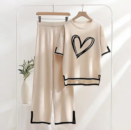 Baxter Heart Knitted Cotton Co-ord Set In Beige - flat-lay product shot of co-ord set - Miss Mosa By Akanksha