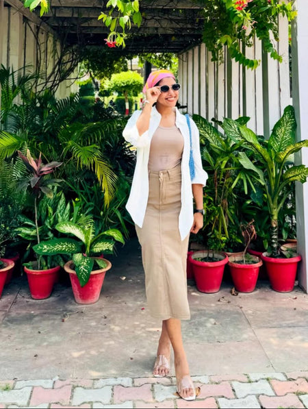 Bazooka Summer Coord Set of 3 - full-length shot on model, beige - Miss Mosa By Akanksha