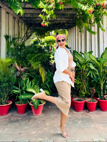 Bazooka Summer Coord Set of 3 - lifestyle shot on model, beige - Miss Mosa By Akanksha