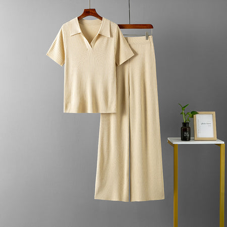 Beacon Ribbed Knit Co-ord Set In Beige - flat-lay product shot - Miss Mosa By Akanksha